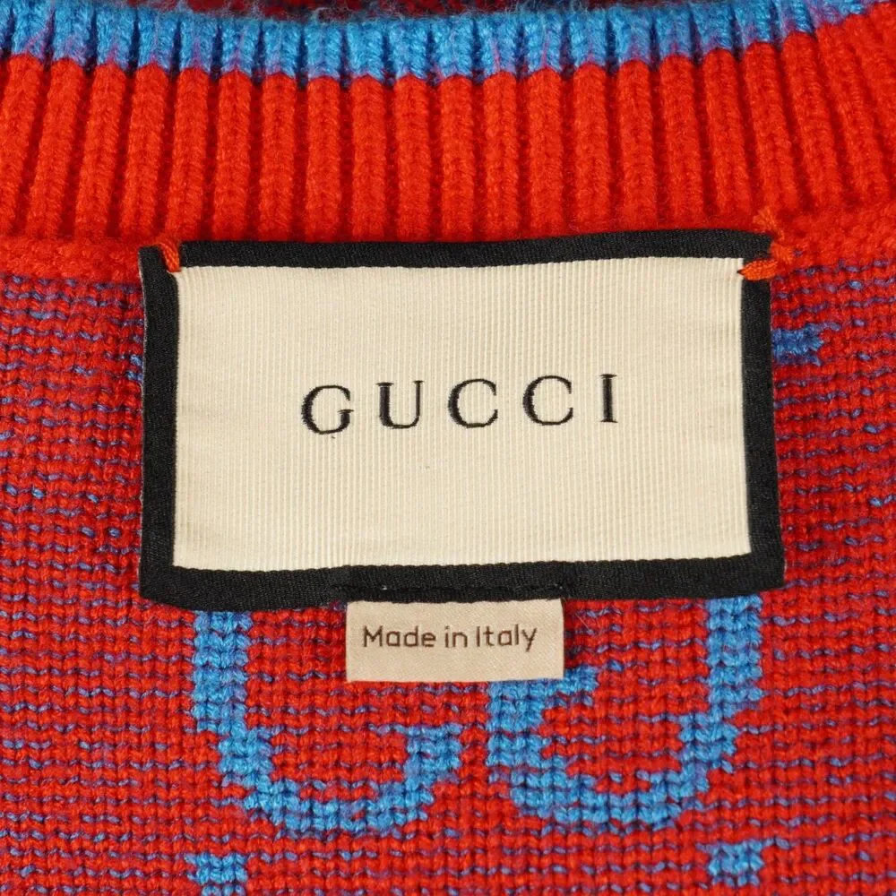 Gucci Gg Knit Cotton Jacquard Sweater Mens Large Red Blue Cotton Ready-To-Wear